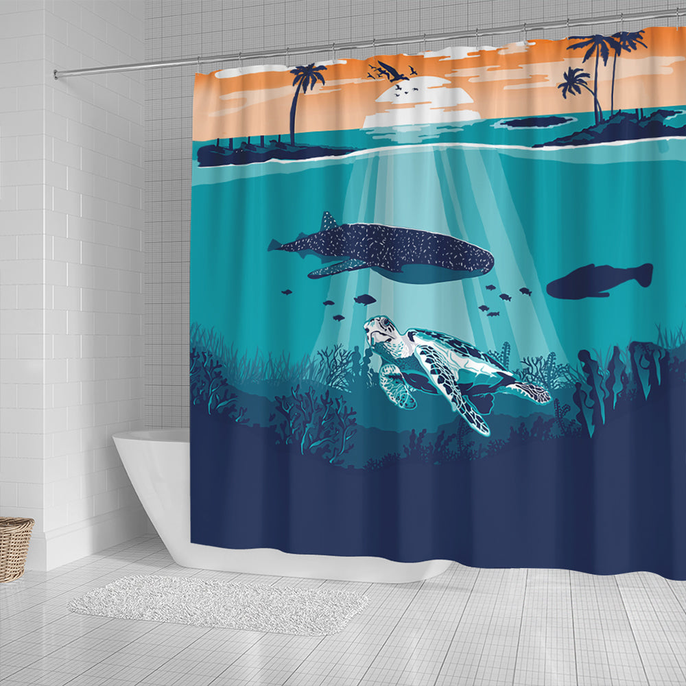 Hawaii Shower Curtain Whale And Turtle In Sunset Polynesian