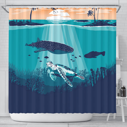 Hawaii Shower Curtain Whale And Turtle In Sunset Polynesian