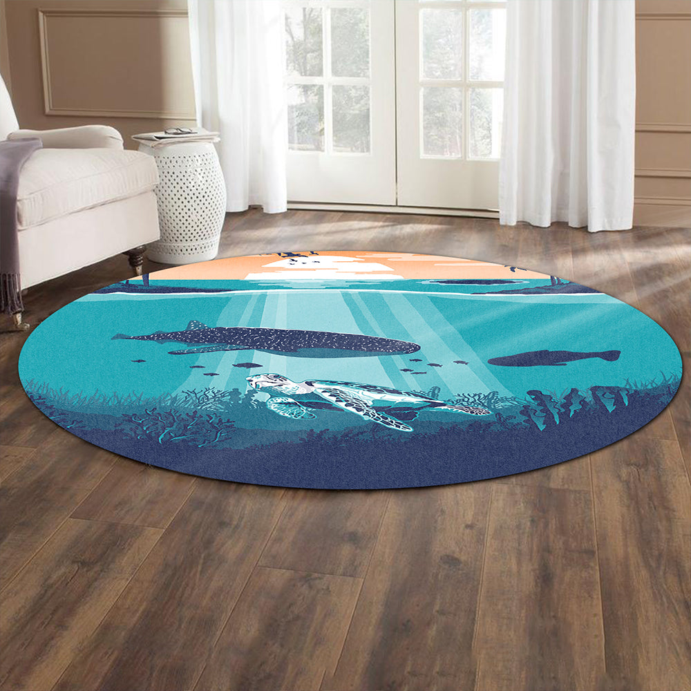 Hawaii Round Rug Whale And Turtle In Sunset Polynesian