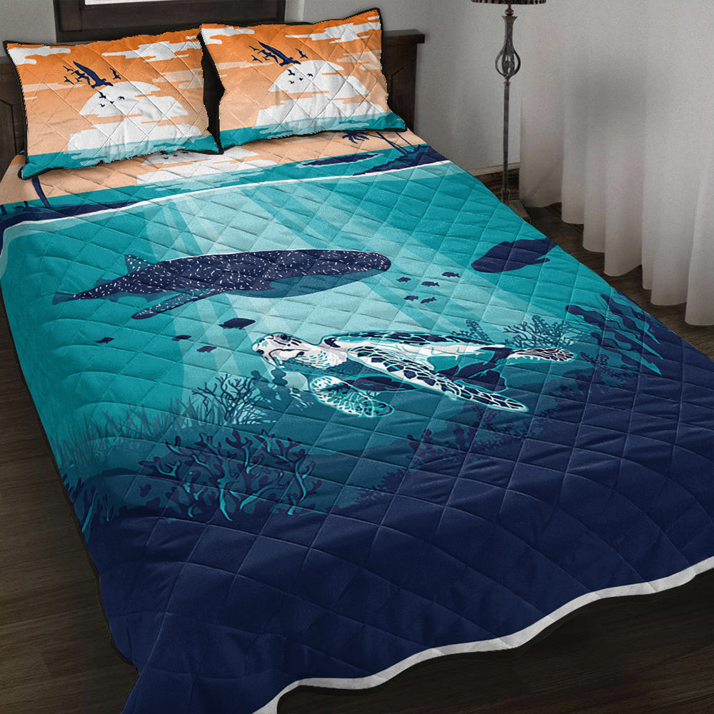 Hawaii Quilt Bed Set Whale And Turtle In Sunset Polynesian