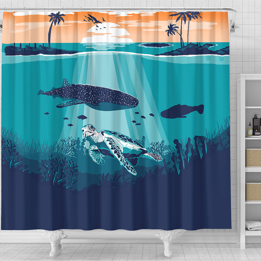 Hawaii Shower Curtain Whale And Turtle In Sunset Polynesian