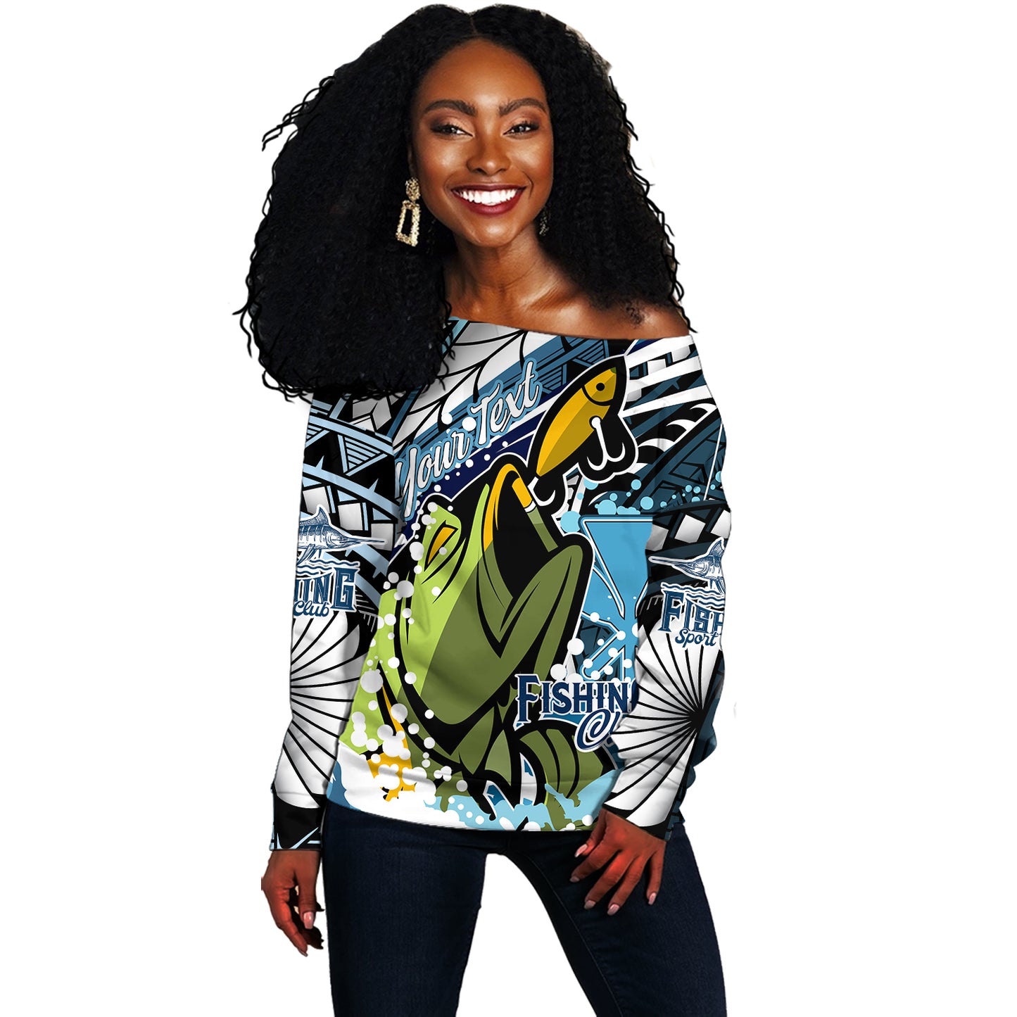 Hawaii Off Shoulder Sweatshirt Custom Polynesian Fishing Club Tribal Style