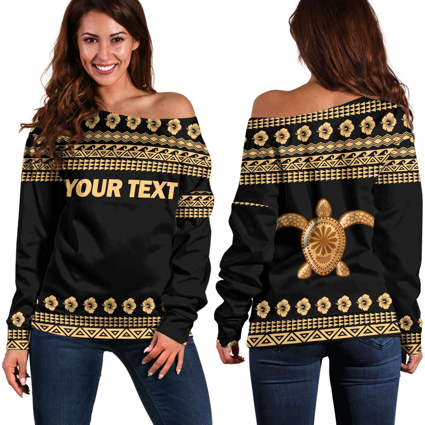 Hawaii Custom Personalised Off Shoulder Sweatshirt Aloha Turtle With Traditional Hawaiian