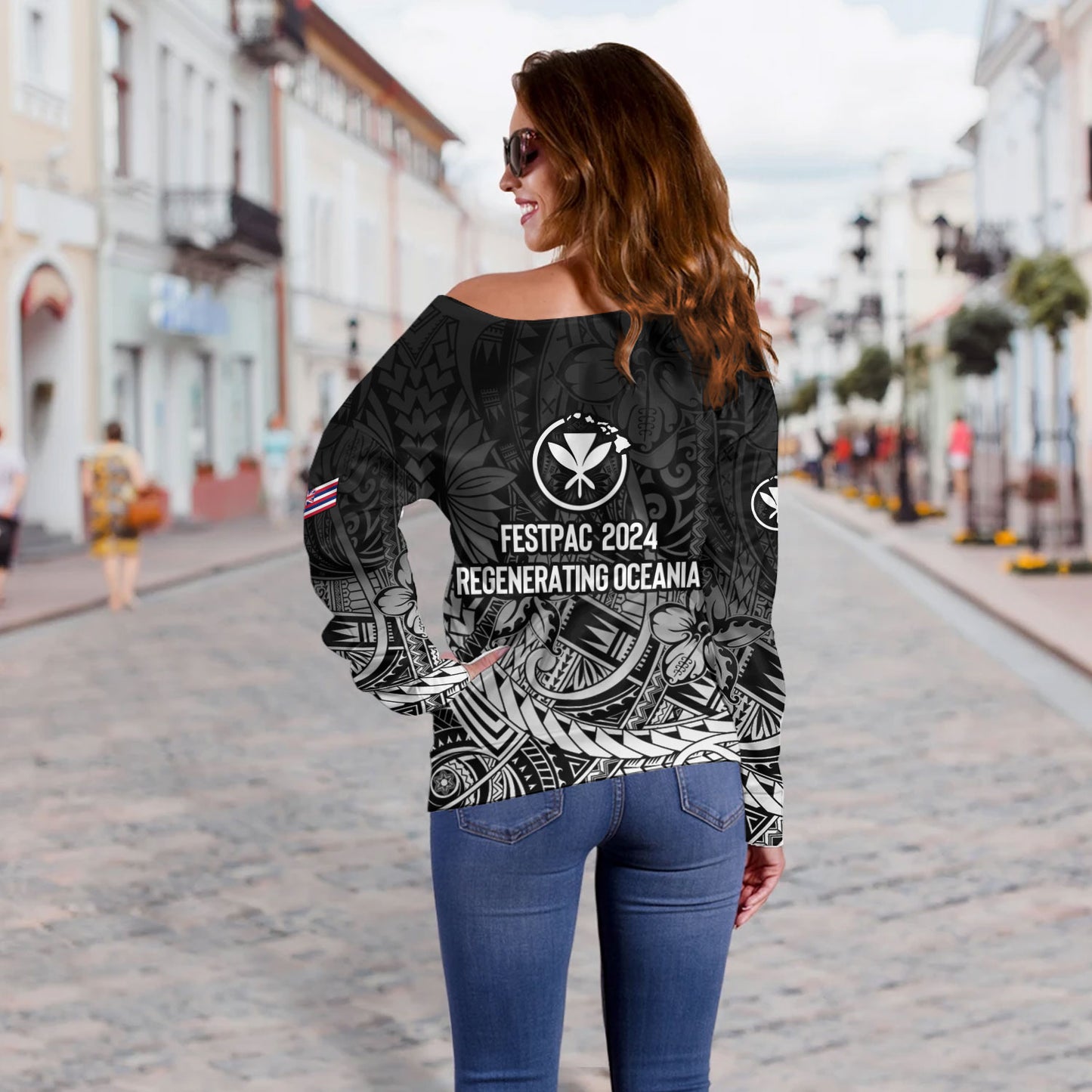 Hawaii Off Shoulder Sweatshirt FestPAC 2024 Polynesian Pattern Design