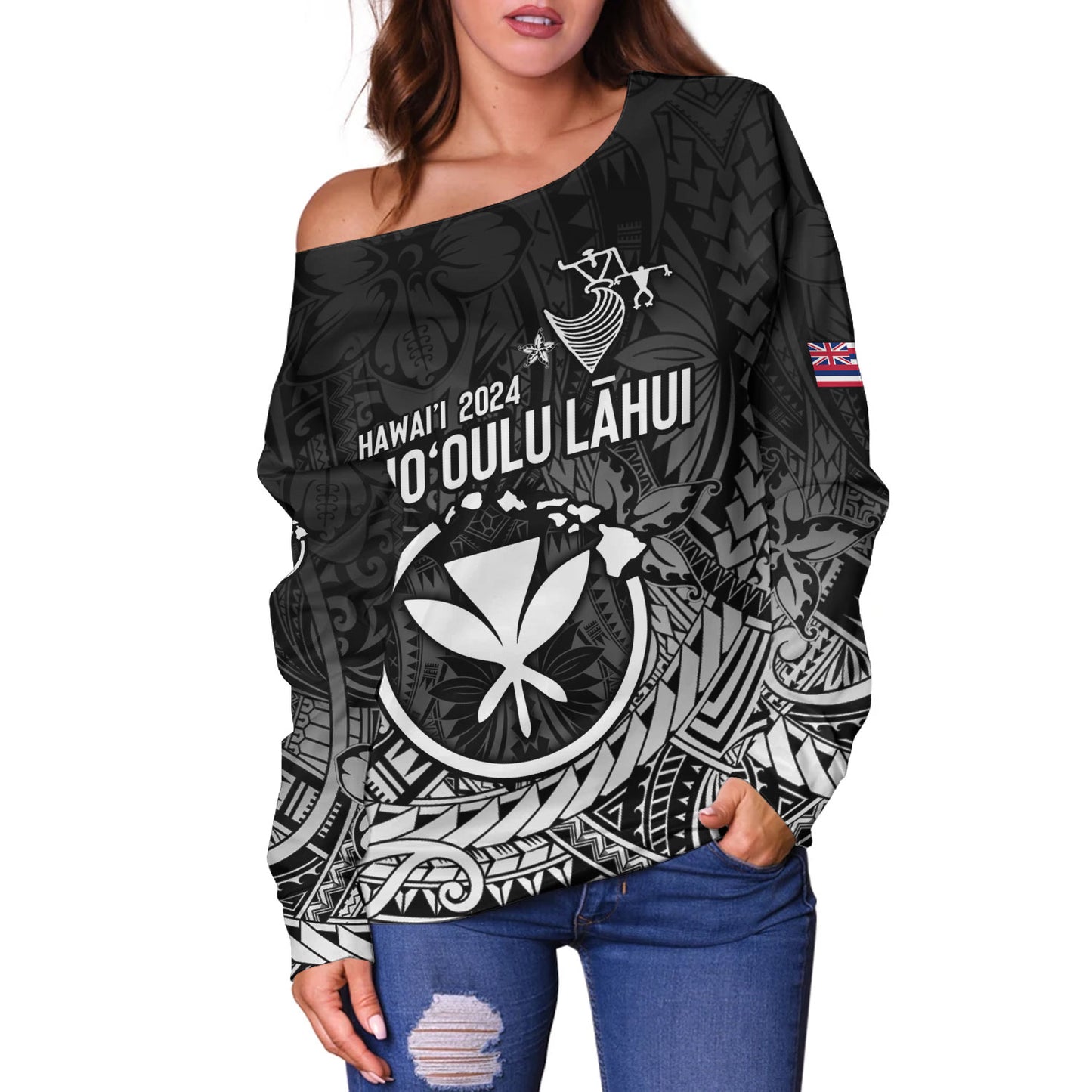 Hawaii Off Shoulder Sweatshirt FestPAC 2024 Polynesian Pattern Design