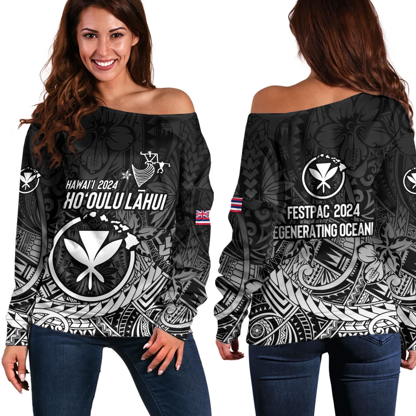 Hawaii Off Shoulder Sweatshirt FestPAC 2024 Polynesian Pattern Design