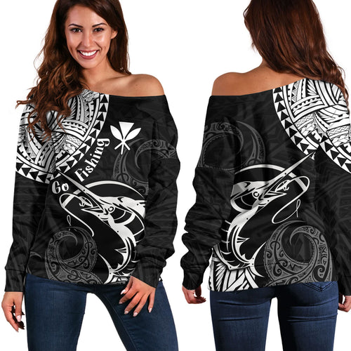 Hawaii Off Shoulder Sweatshirt Go Fishing Polynesian Tribal Patterns