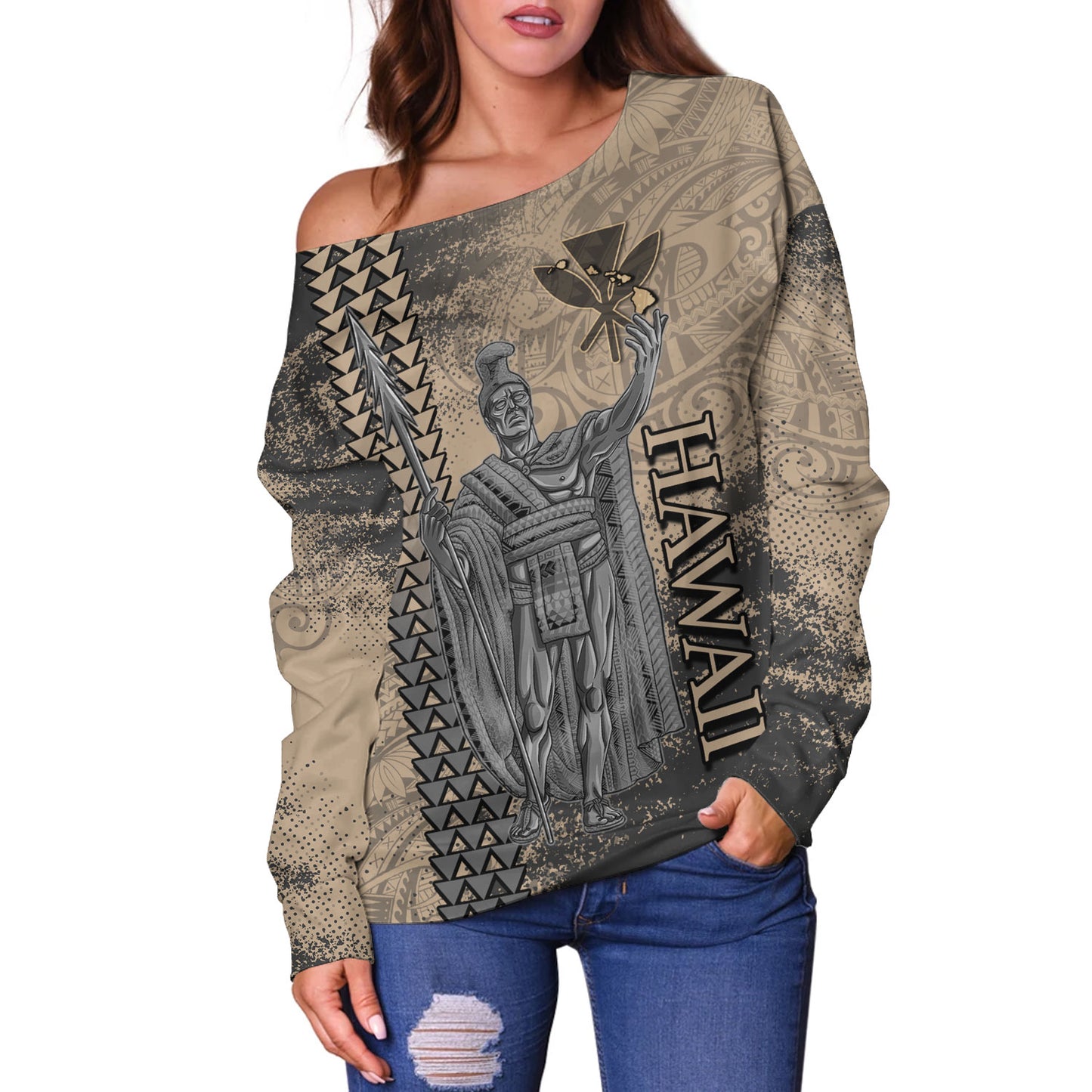 Hawaii Custom Personalised Off Shoulder Sweatshirt Hawaii King Grunge With Halftone Background