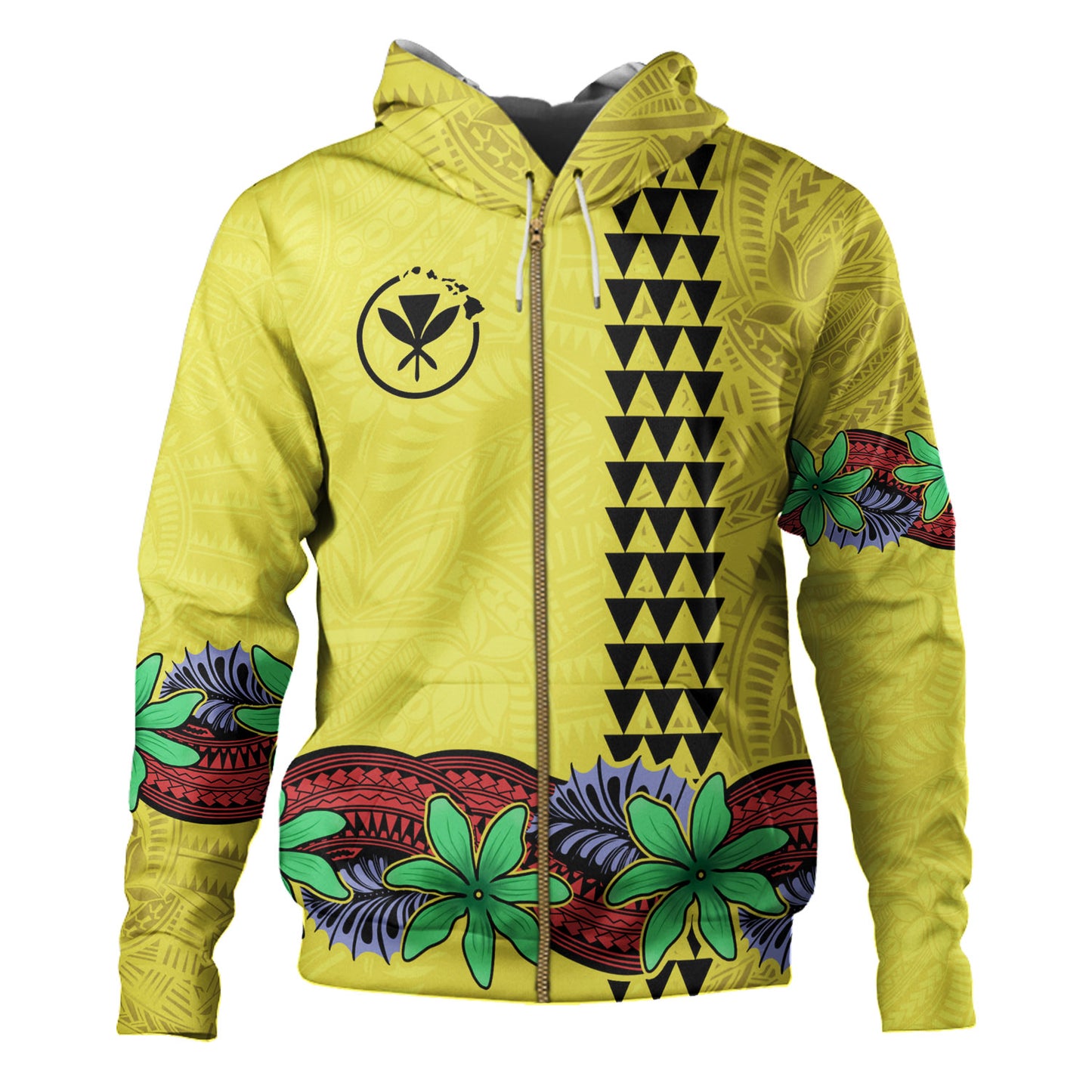 Hawaii Hoodie Kanaka Maoli Map Seal Tropical Flowers Yellow Color