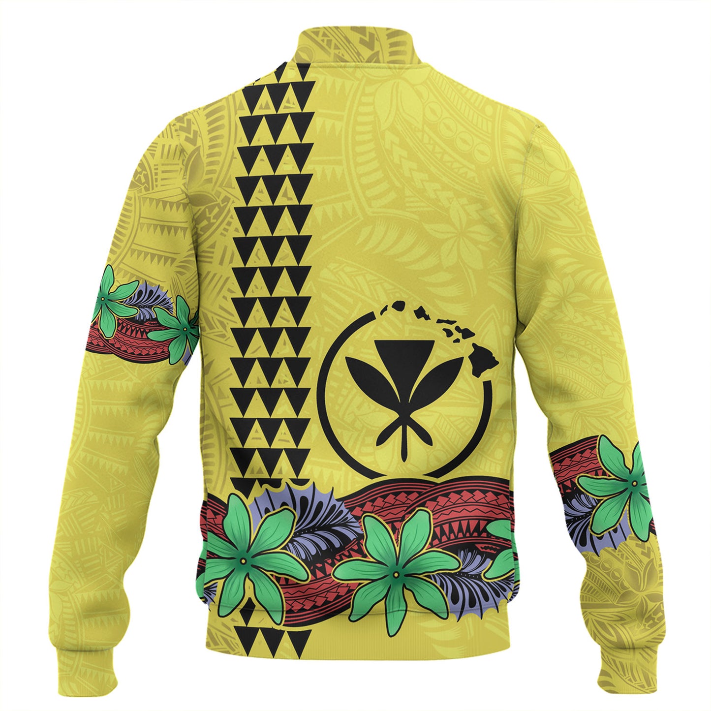 Hawaii Baseball Jacket Kanaka Maoli Map Seal Tropical Flowers Yellow Color