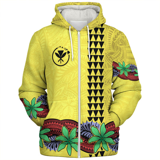 Hawaii Sherpa Hoodie Kanaka Maoli Map Seal Tropical Flowers Yellow Color