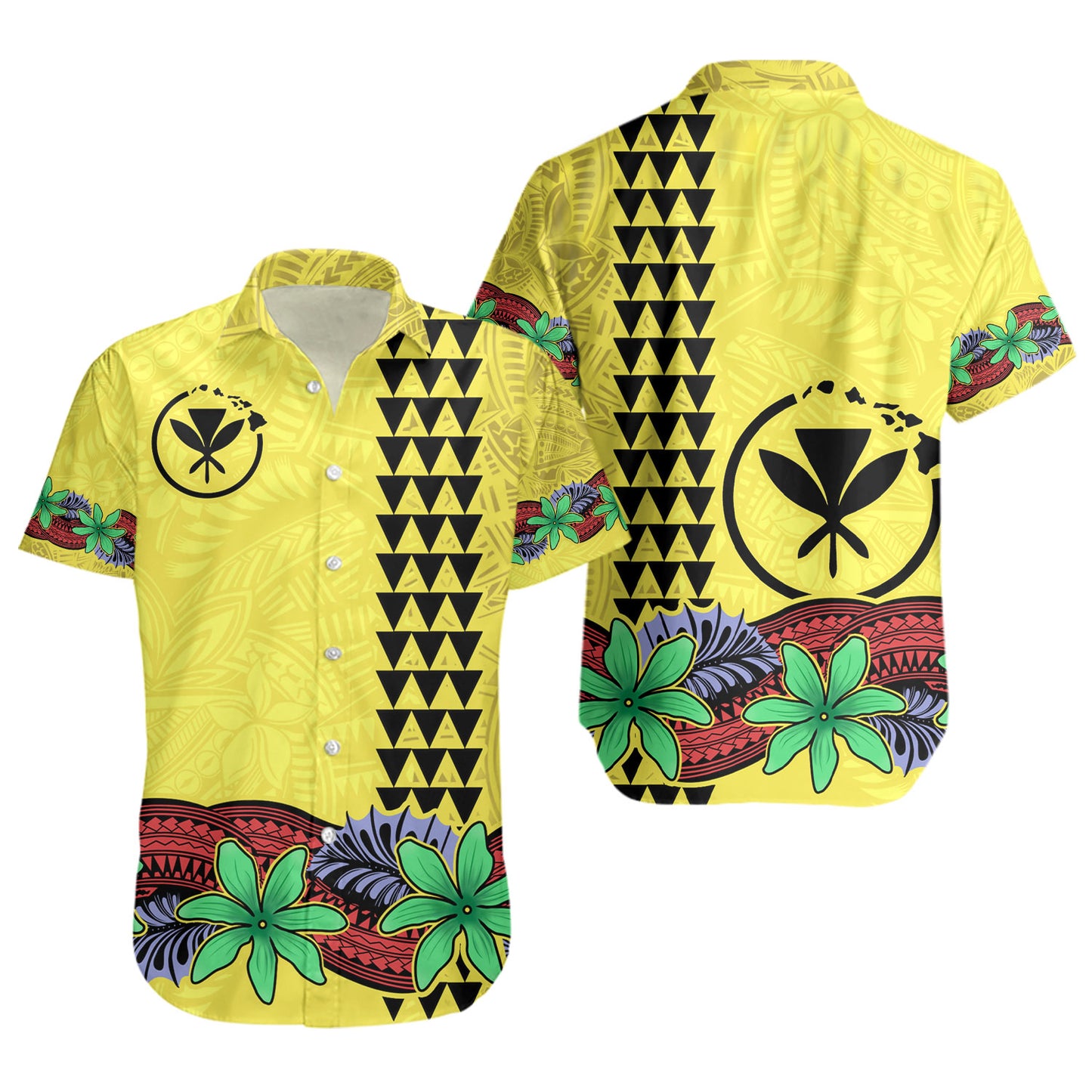 Hawaii Short Sleeve Shirt Kanaka Maoli Map Seal Tropical Flowers Yellow Color