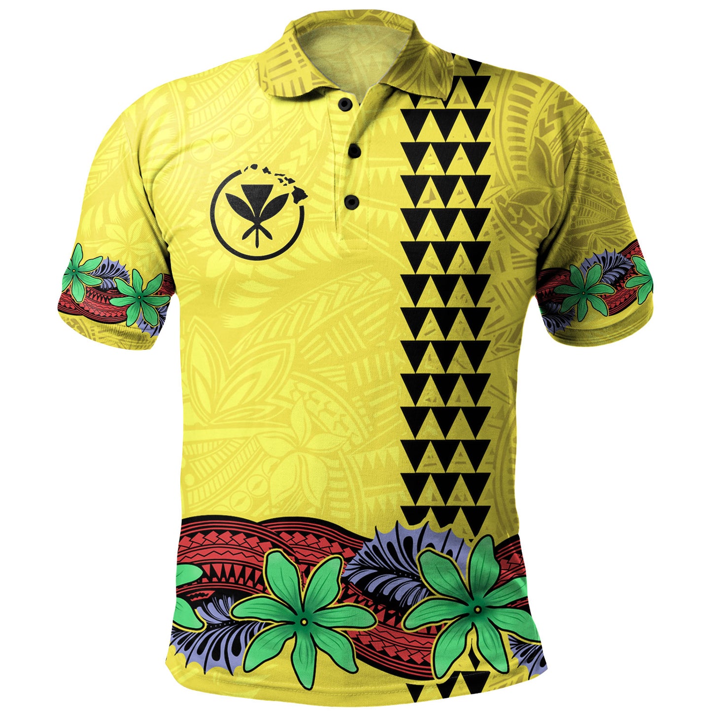 Hawaii Polo Shirt Kanaka Maoli Map Seal Tropical Flowers Yellow Color