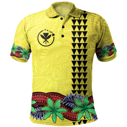 Hawaii Polo Shirt Kanaka Maoli Map Seal Tropical Flowers Yellow Color
