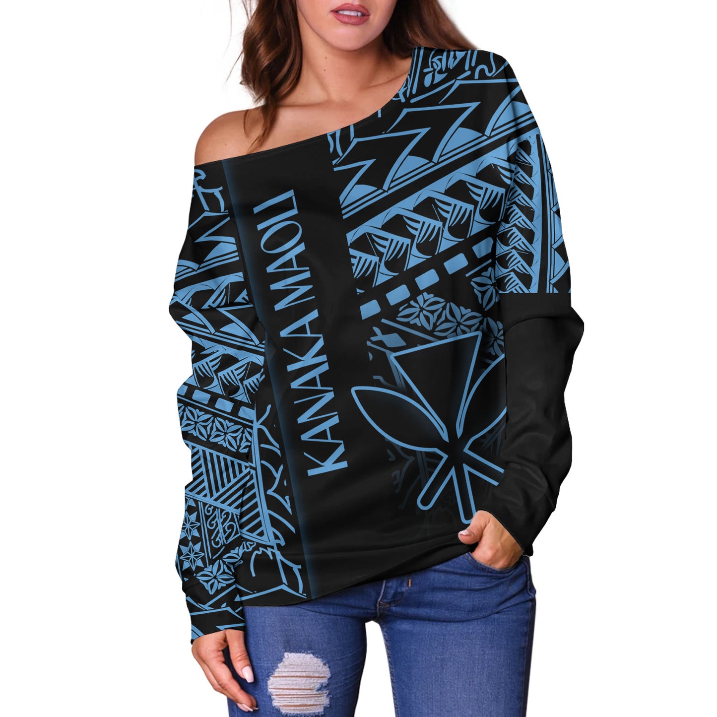 Hawaii Off Shoulder Sweatshirt Custom Kanaka Maoli Hawaiian Blue Tribal Pattern