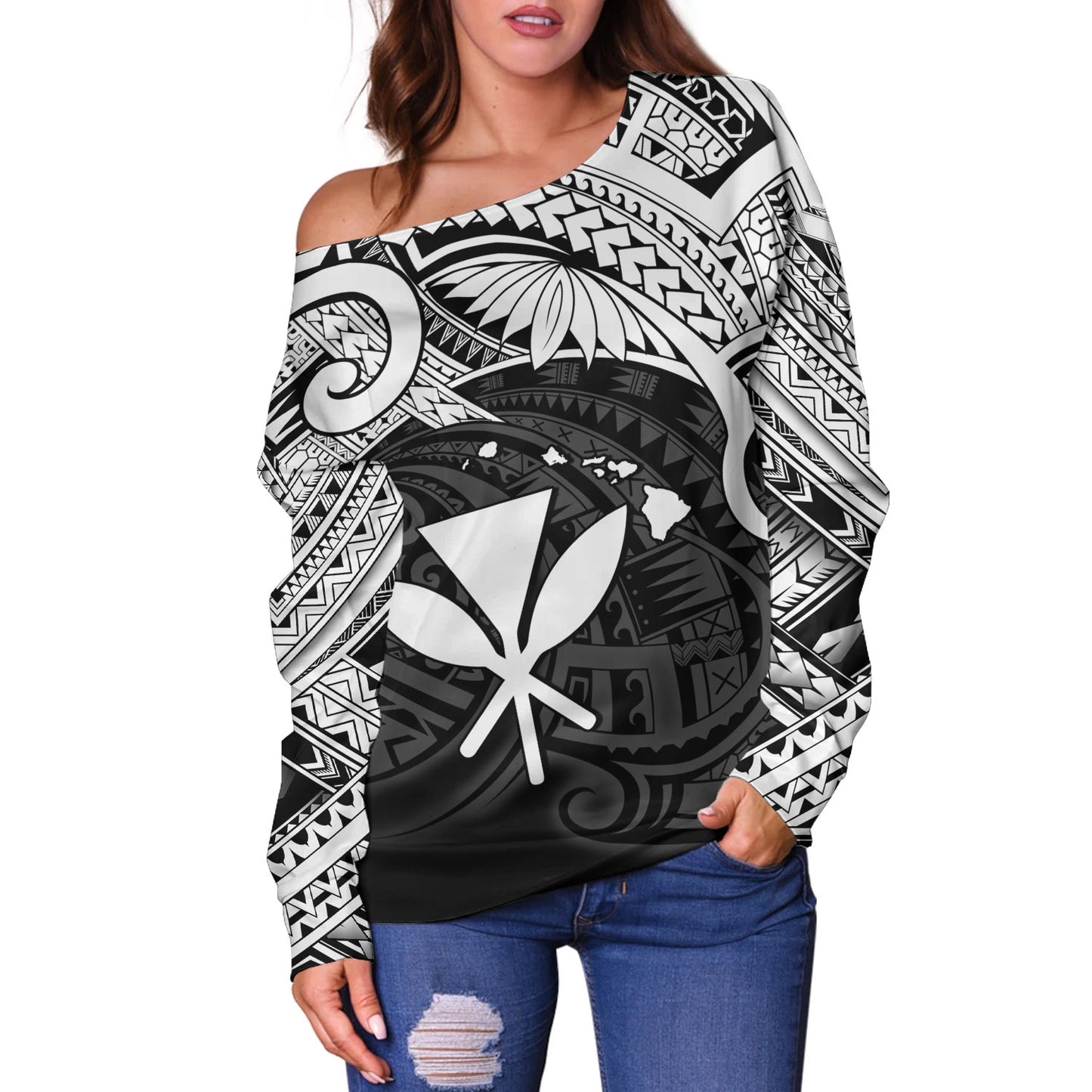 Hawaii Off Shoulder Sweatshirt Kanaka Maoli Map Polynesian Tatau