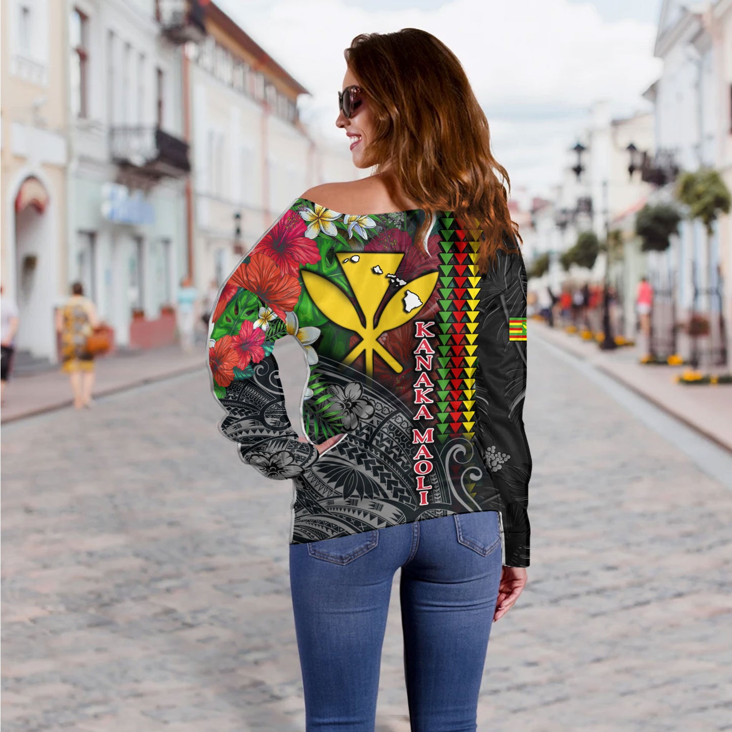 Hawaii Custom Personalised Off Shoulder Sweatshirt Hibiscus And Plumeria With Palm Branches Vintage Style