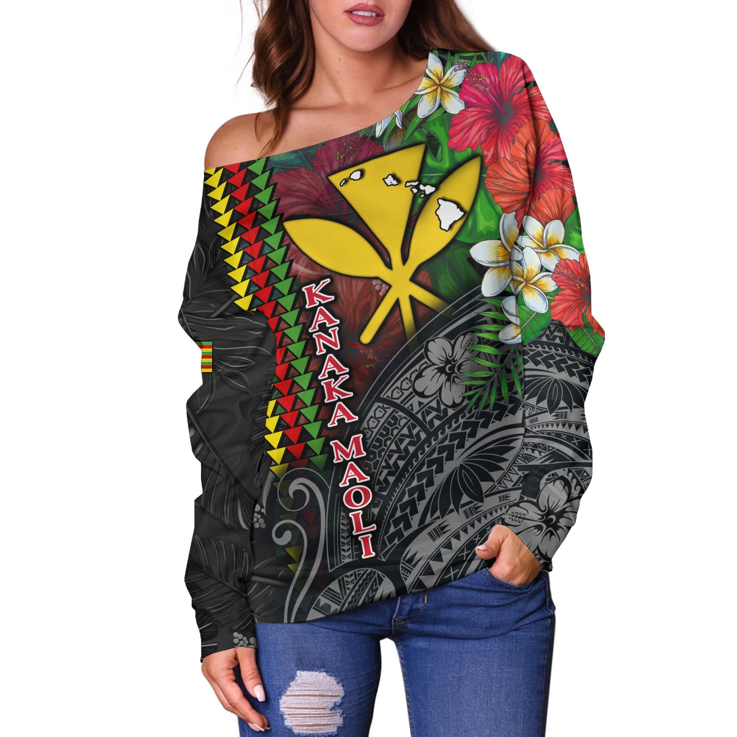 Hawaii Custom Personalised Off Shoulder Sweatshirt Hibiscus And Plumeria With Palm Branches Vintage Style