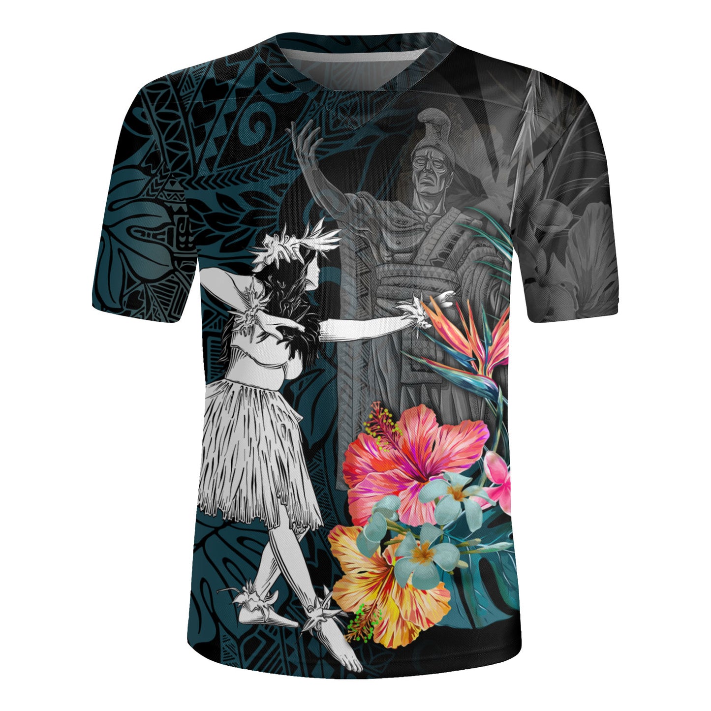 Hawaii Rugby Jersey King Kamehameha With Hawaiian Girls Tropical Flowers
