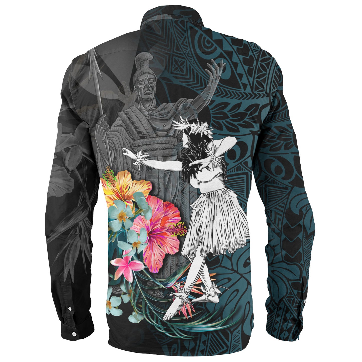 Hawaii Long Sleeve Shirt King Kamehameha With Hawaiian Girls Tropical Flowers