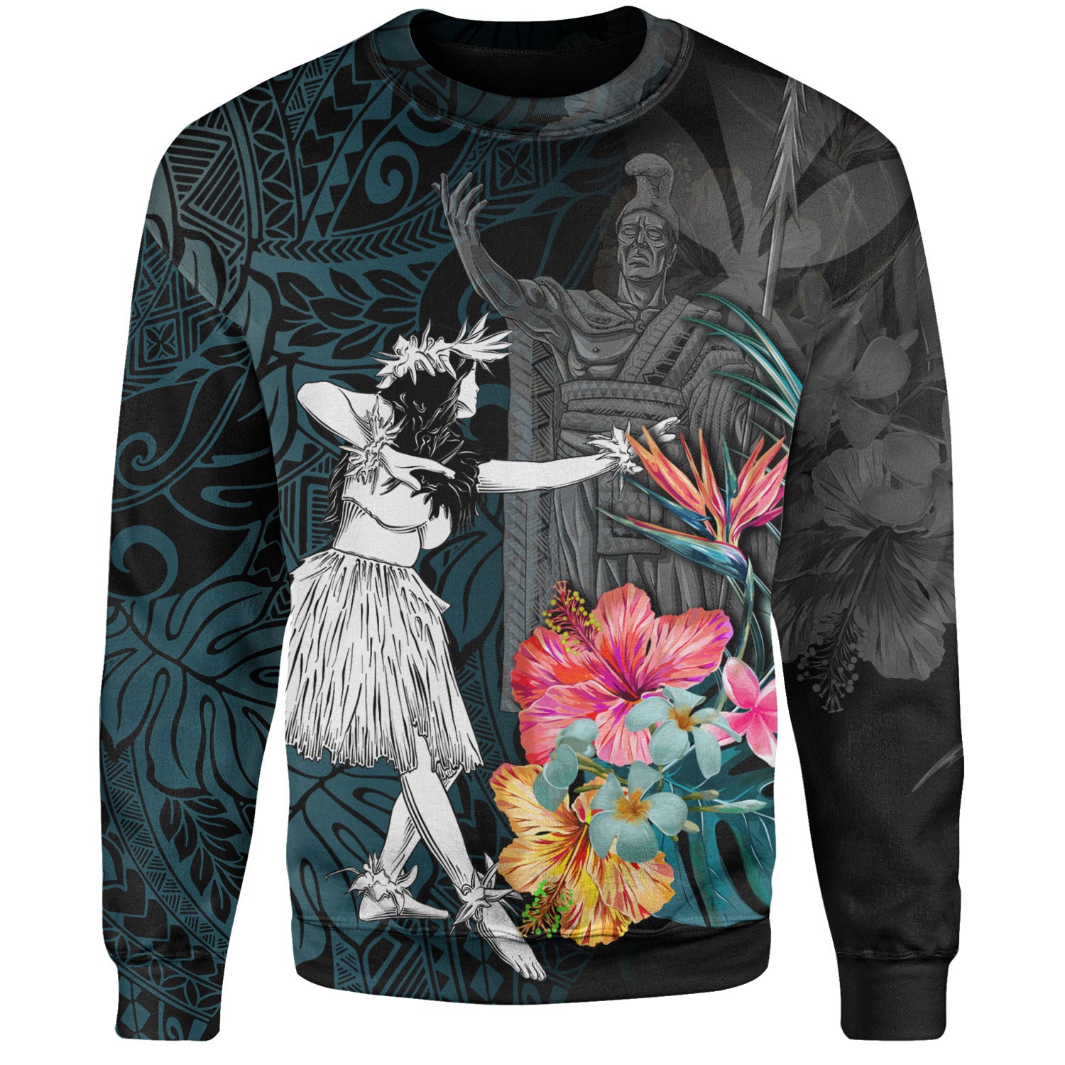 Hawaii Sweatshirt King Kamehameha With Hawaiian Girls Tropical Flowers