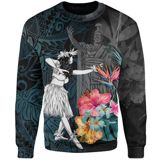 Hawaii Sweatshirt King Kamehameha With Hawaiian Girls Tropical Flowers