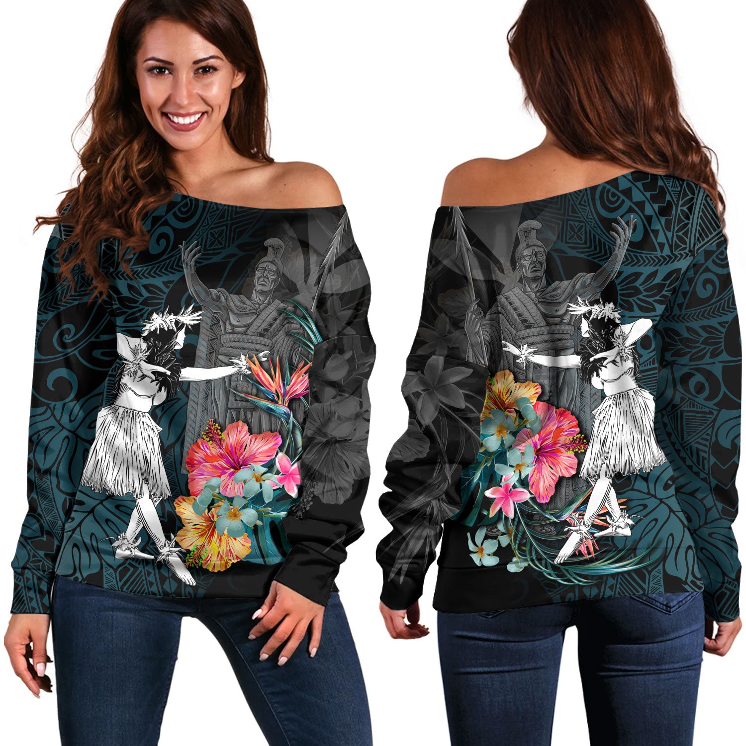 Hawaii Off Shoulder Sweatshirt King Kamehameha With Hawaiian Girls Tropical Flowers