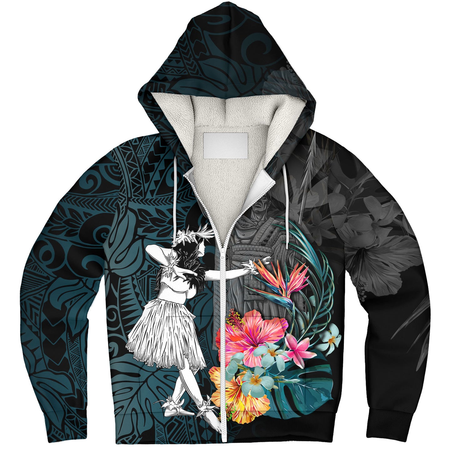 Hawaii Sherpa Hoodie King Kamehameha With Hawaiian Girls Tropical Flowers