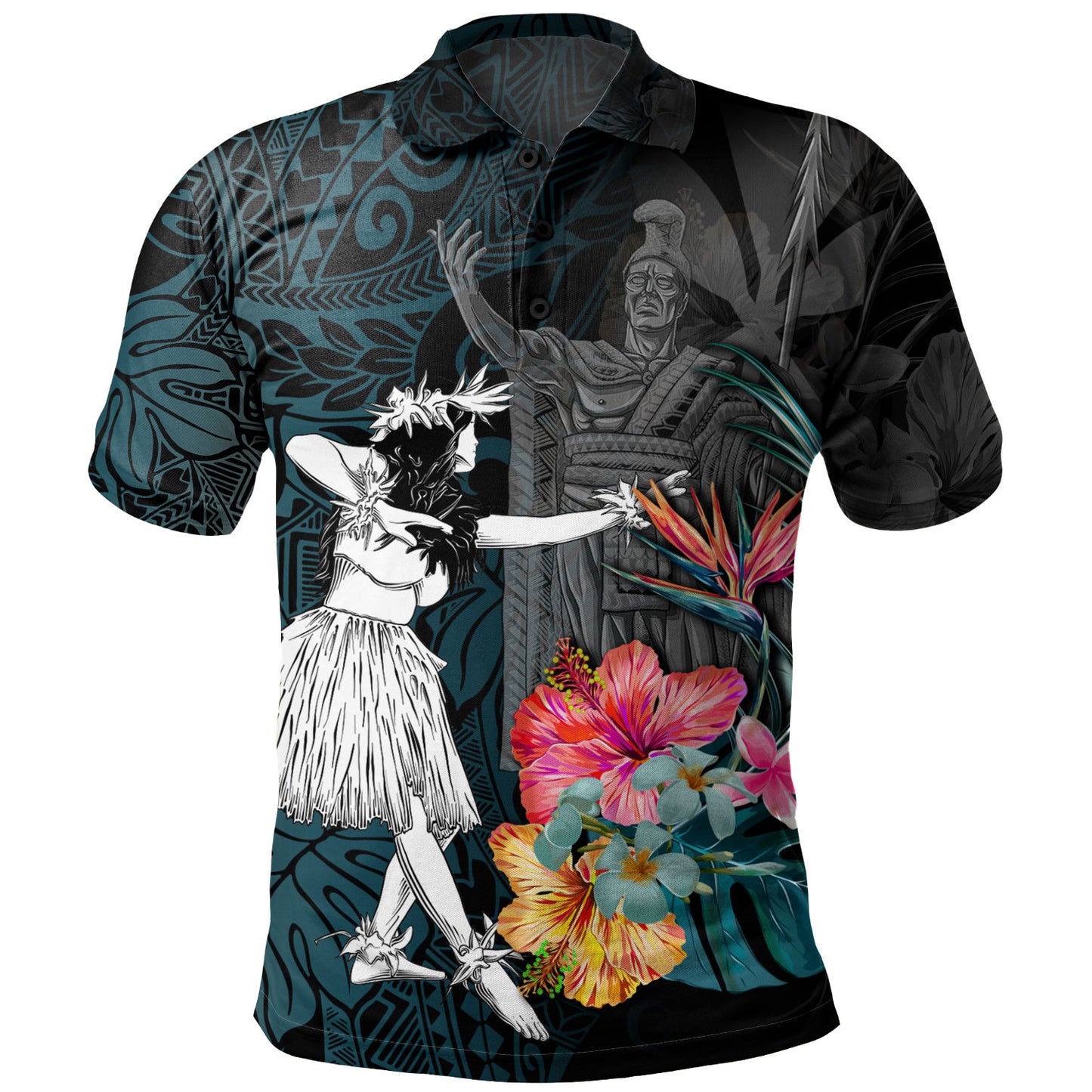 Hawaii Polo Shirt King Kamehameha With Hawaiian Girls Tropical Flowers