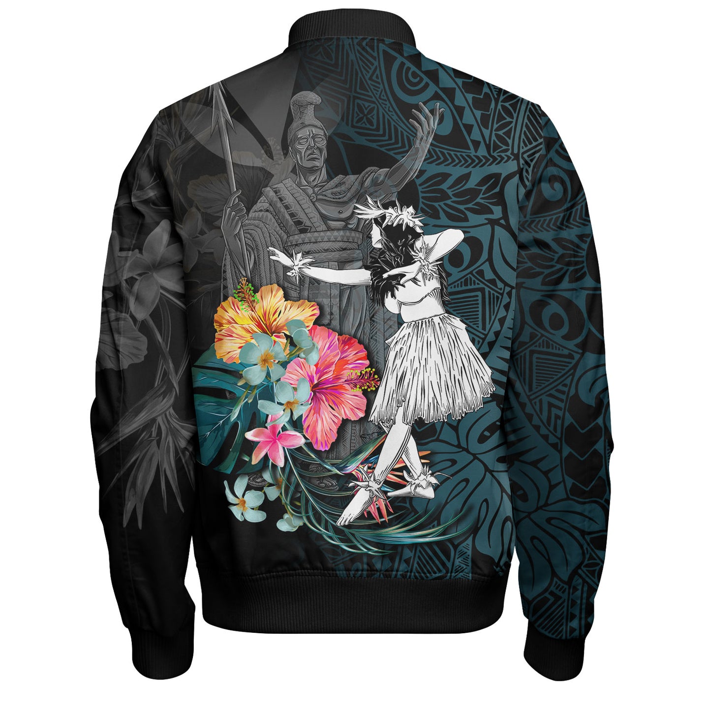 Hawaii Bomber Jacket King Kamehameha With Hawaiian Girls Tropical Flowers