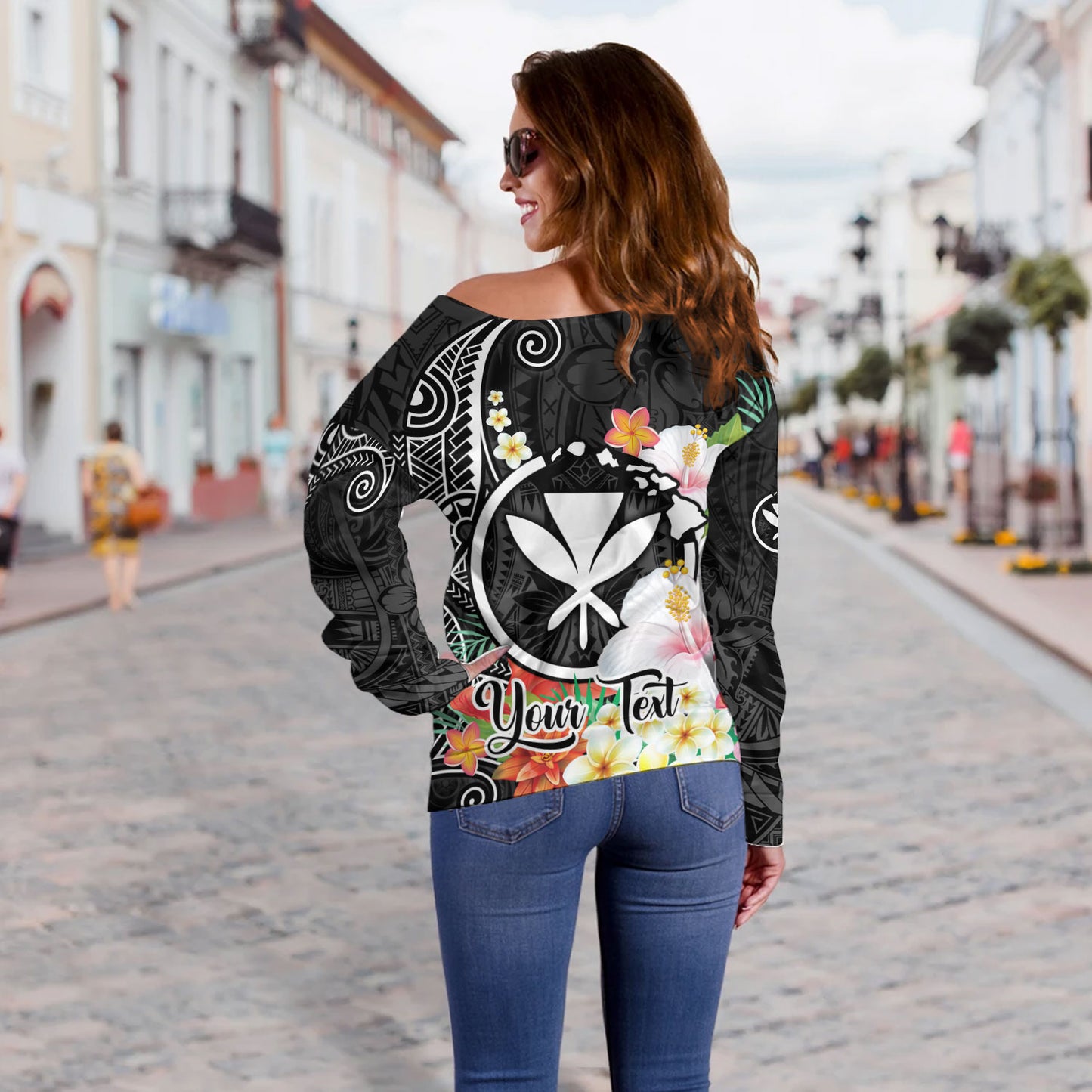 Hawaii Off Shoulder Sweatshirt Custom Polynesian Curve Pattern Design With Tropical Floral Collection