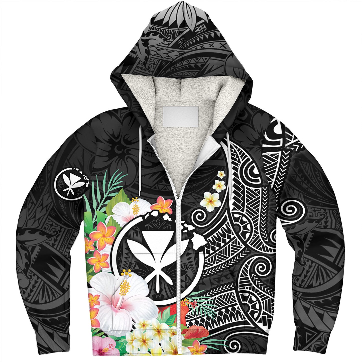 Hawaii Sherpa Hoodie Custom Polynesian Curve Pattern Design With Tropical Floral Collection