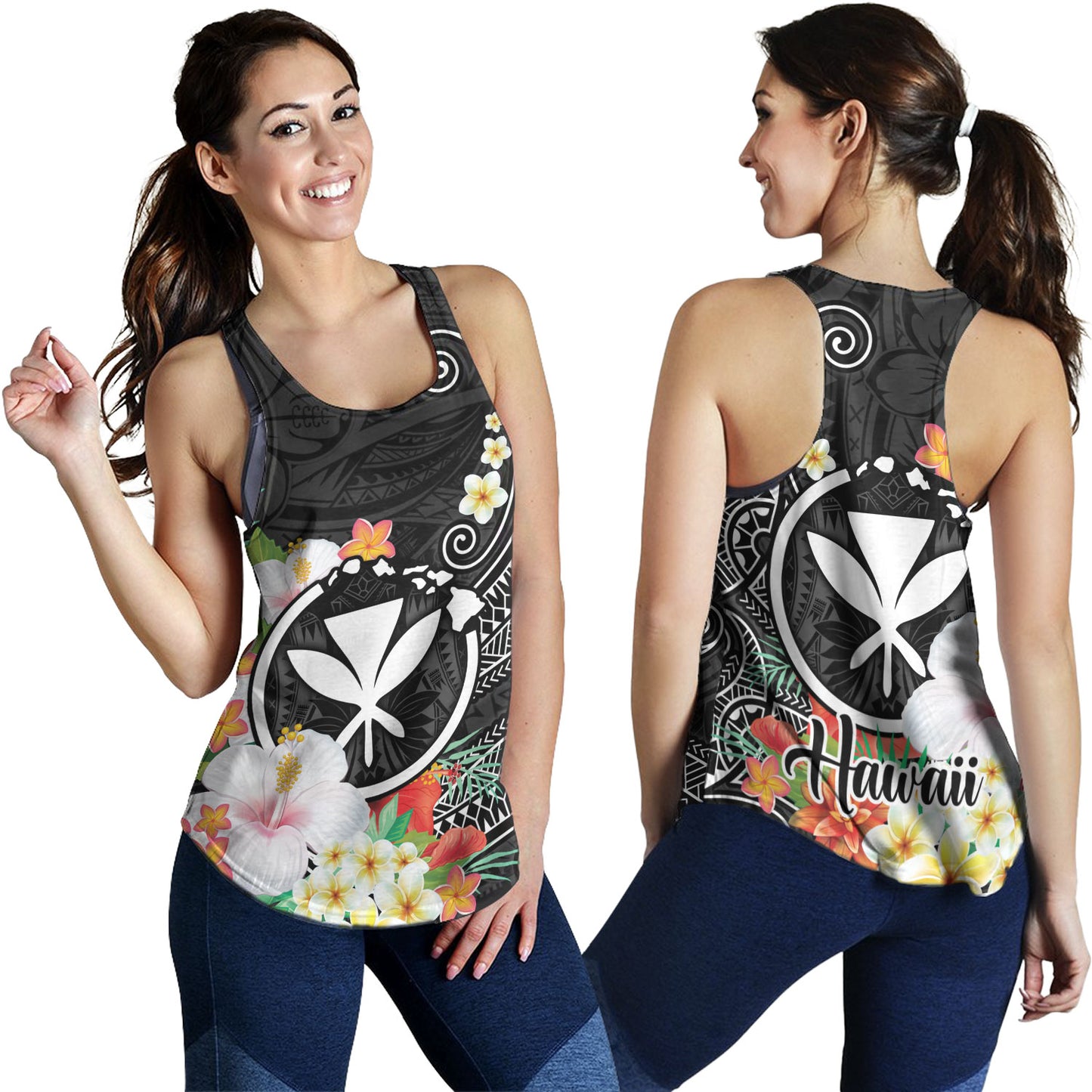 Hawaii Women Tank Custom Polynesian Curve Pattern Design With Tropical Floral Collection
