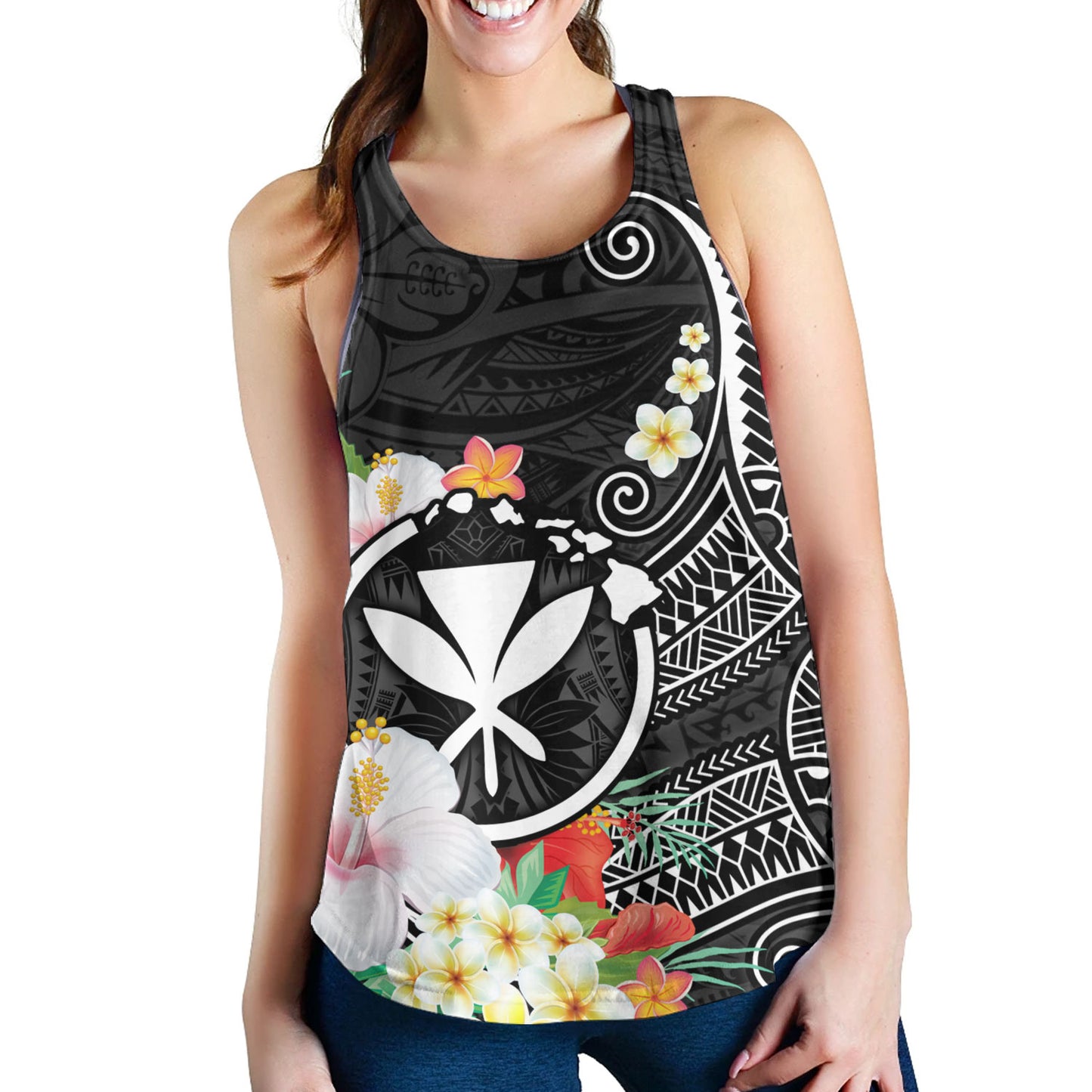 Hawaii Women Tank Custom Polynesian Curve Pattern Design With Tropical Floral Collection