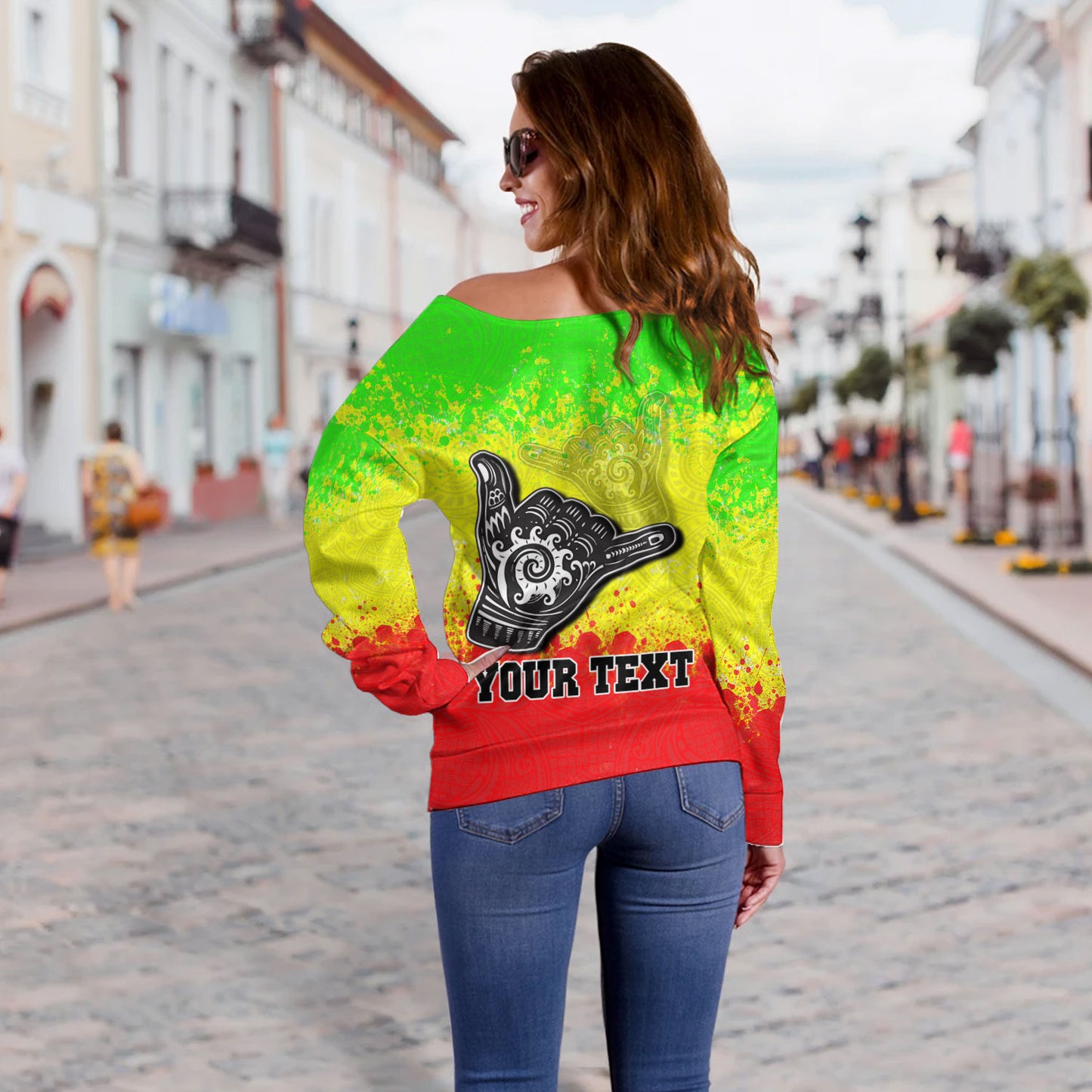 Hawaii Custom Personalised Off Shoulder Sweatshirt Polynesian Shaka Hawaii Map Reggae Style