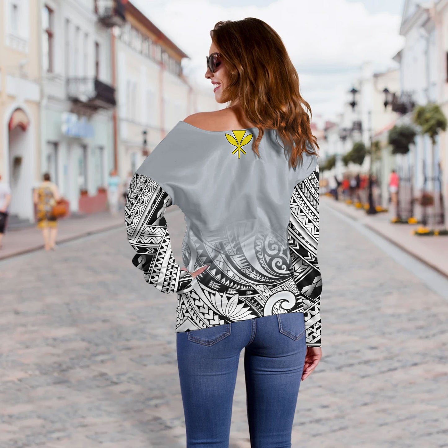 Hawaii Custom Personalised Off Shoulder Sweatshirt Polynesian Style Tattoo Design