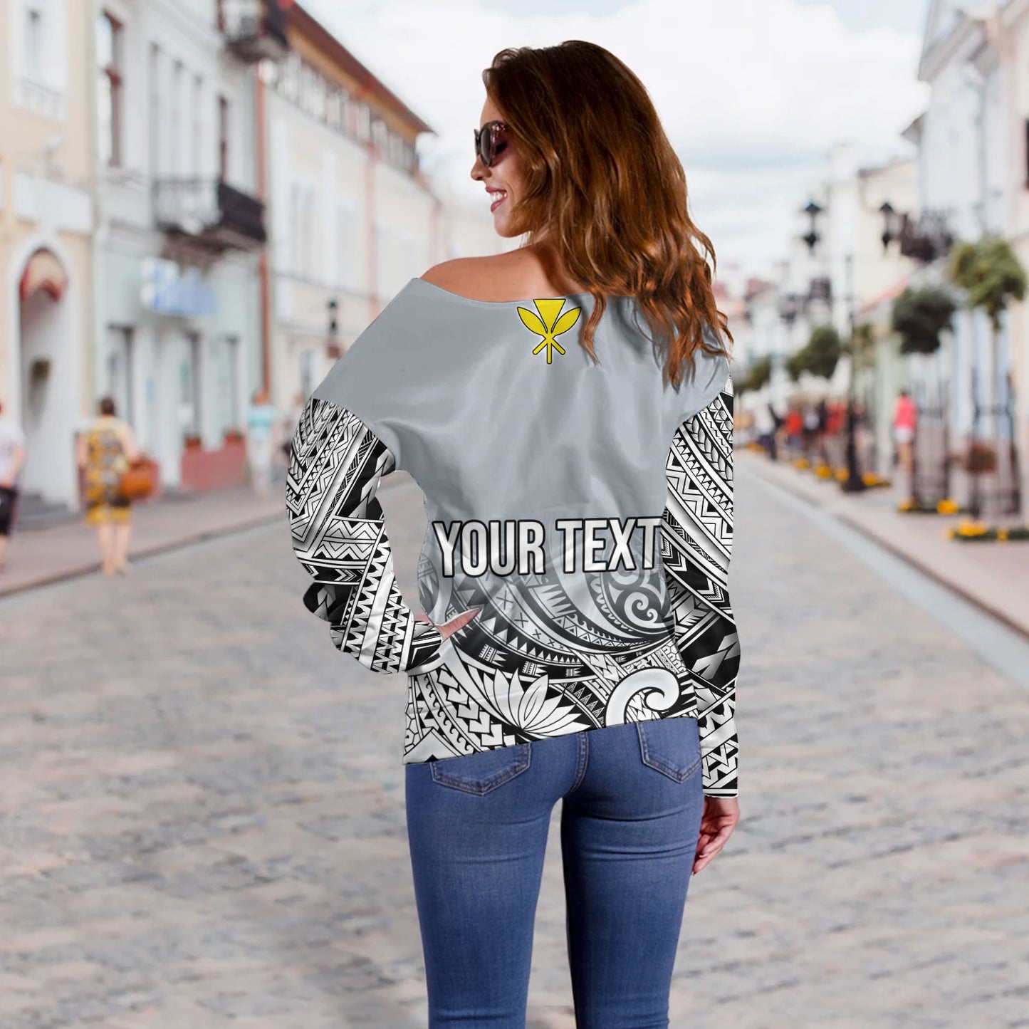 Hawaii Custom Personalised Off Shoulder Sweatshirt Polynesian Style Tattoo Design