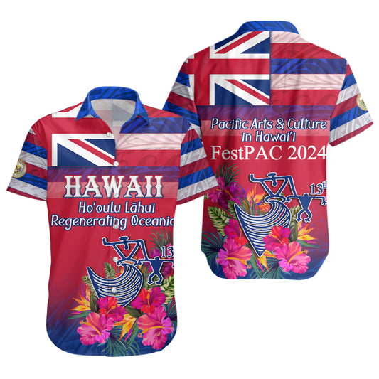 Hawaii Short Sleeve Shirt Regenerating Oceania Hawaii Flag With Traditional Patterns