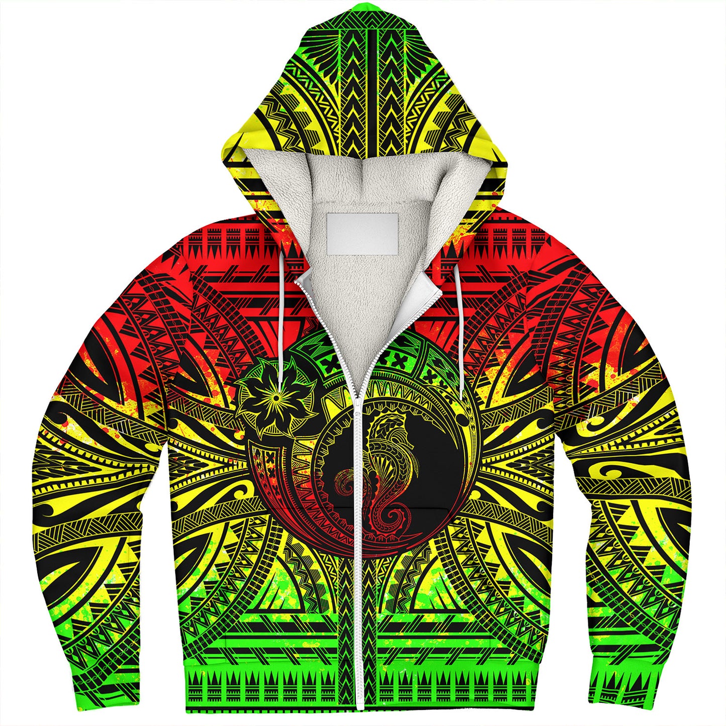 Hawaii Sherpa Hoodie Custom Seahorse Polynesian Tattoo Reggae