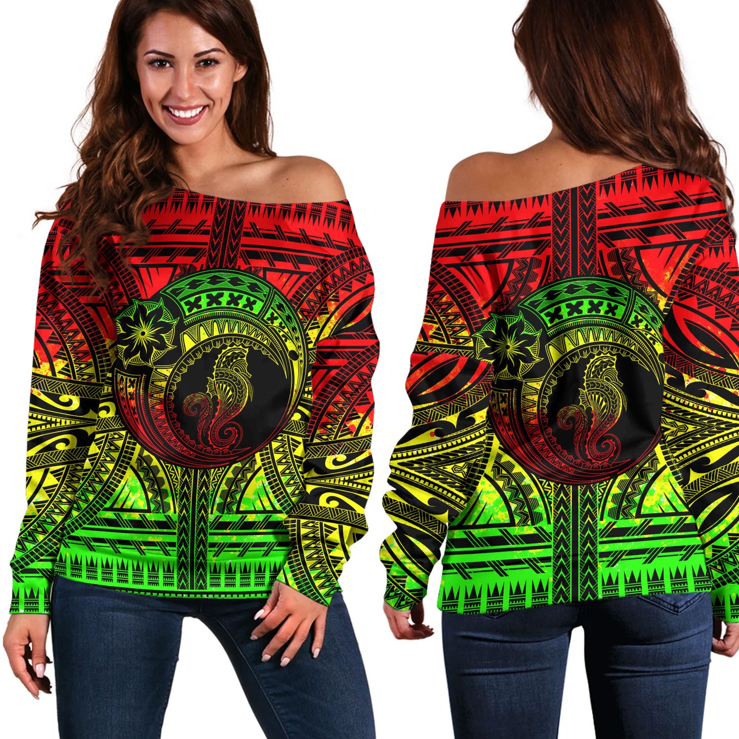 Hawaii Off Shoulder Sweatshirt Custom Seahorse Polynesian Tattoo Reggae