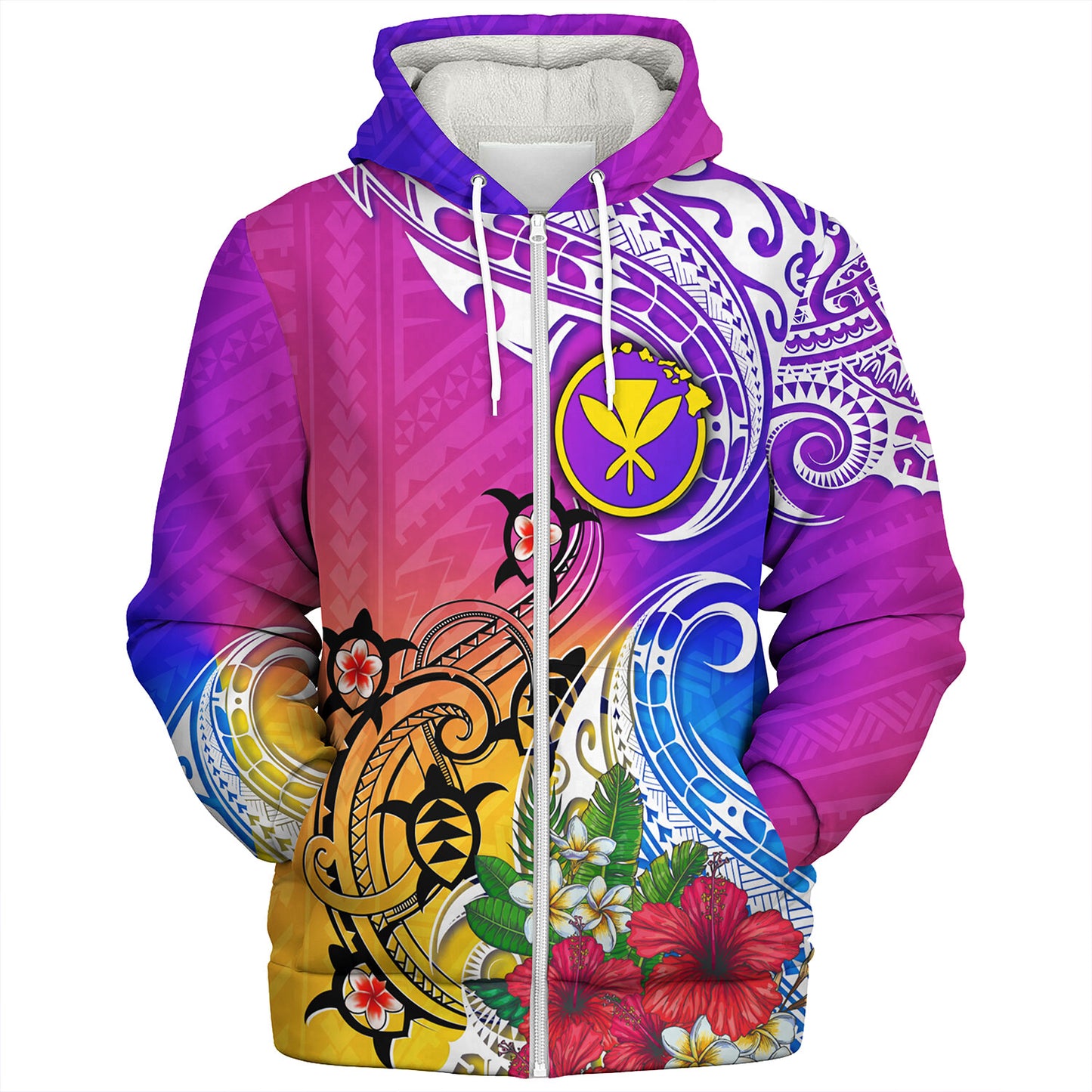 Hawaii Sherpa Hoodie Turtle Polynesian Tribal Tropical Flowers