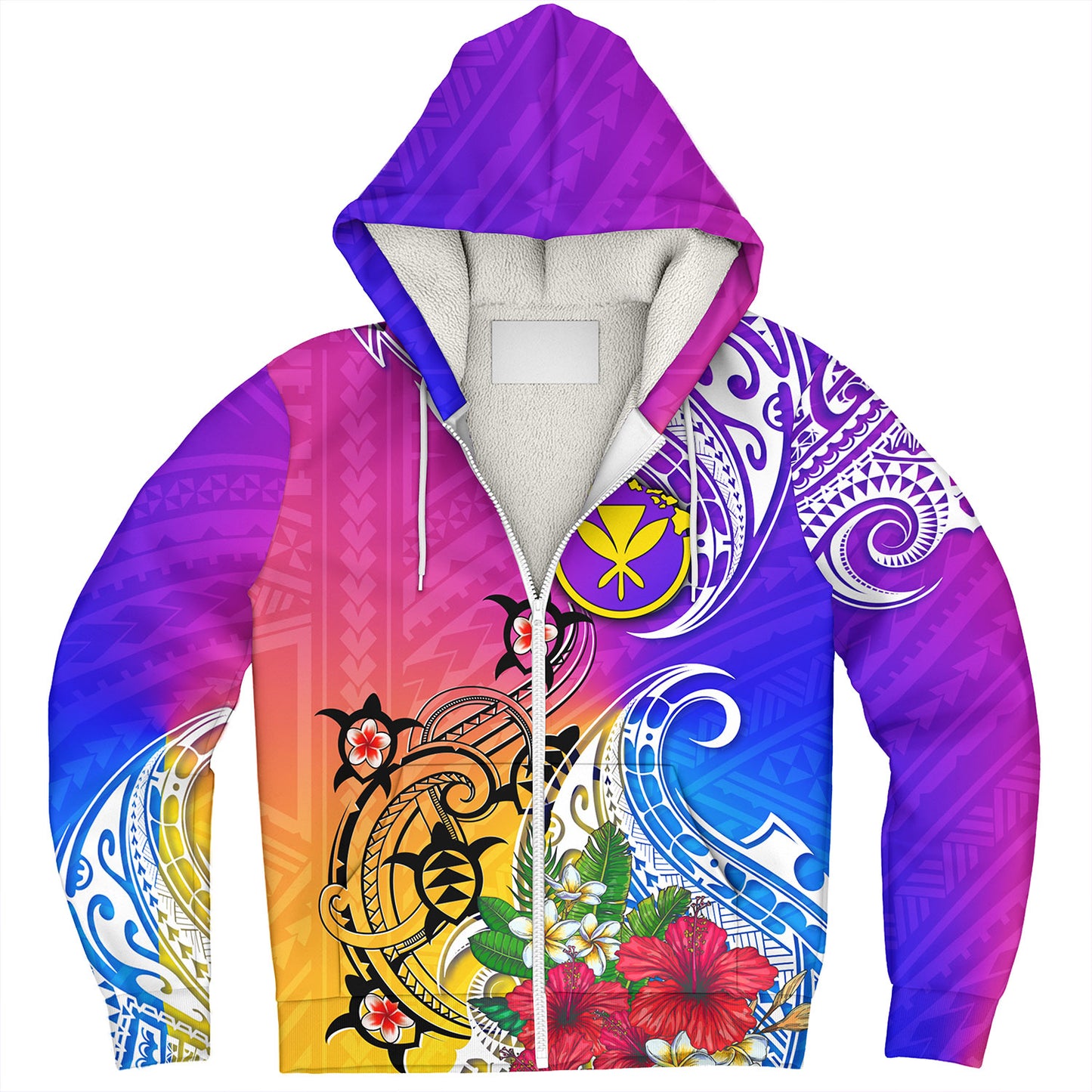 Hawaii Sherpa Hoodie Turtle Polynesian Tribal Tropical Flowers