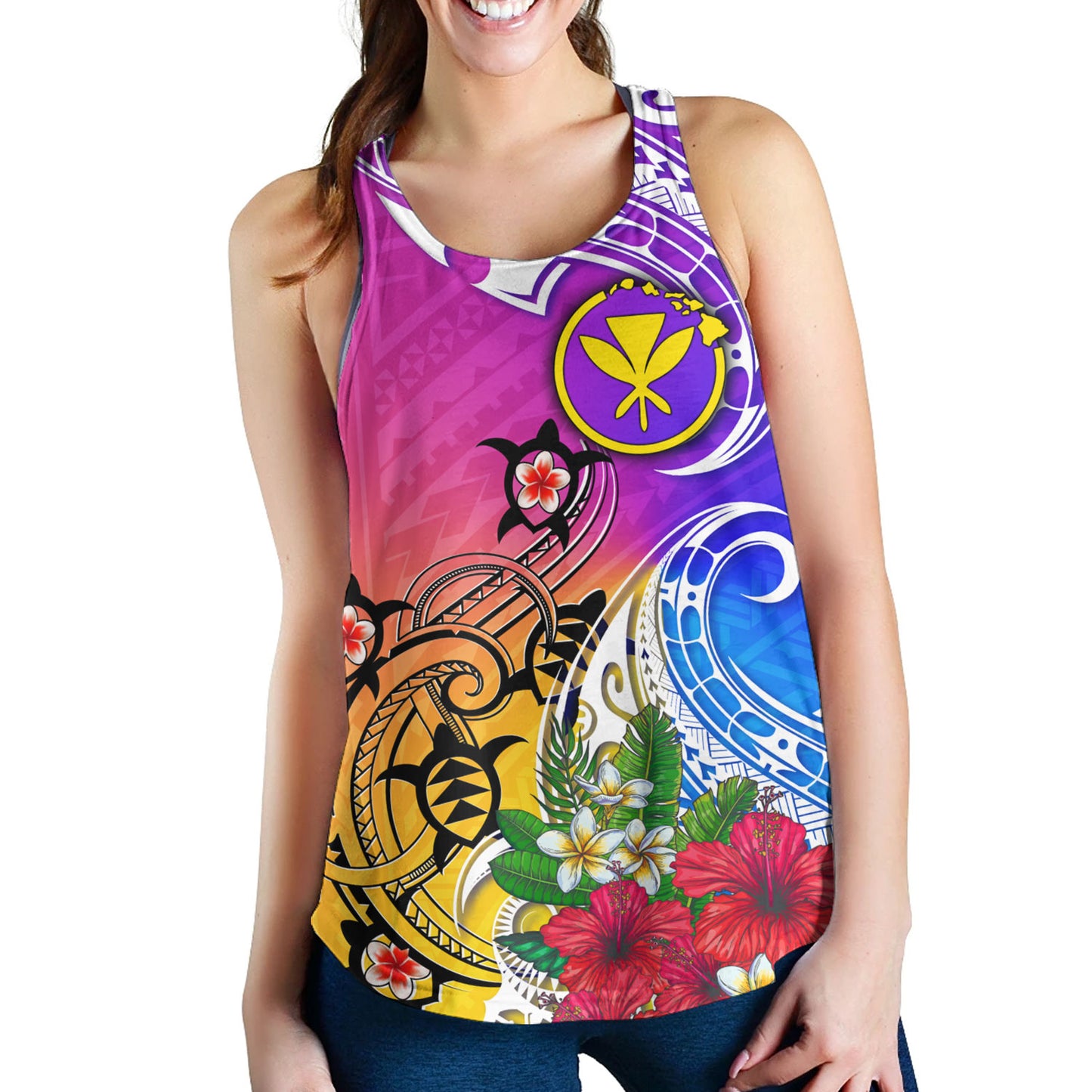 Hawaii Women Tank Turtle Polynesian Tribal Tropical Flowers