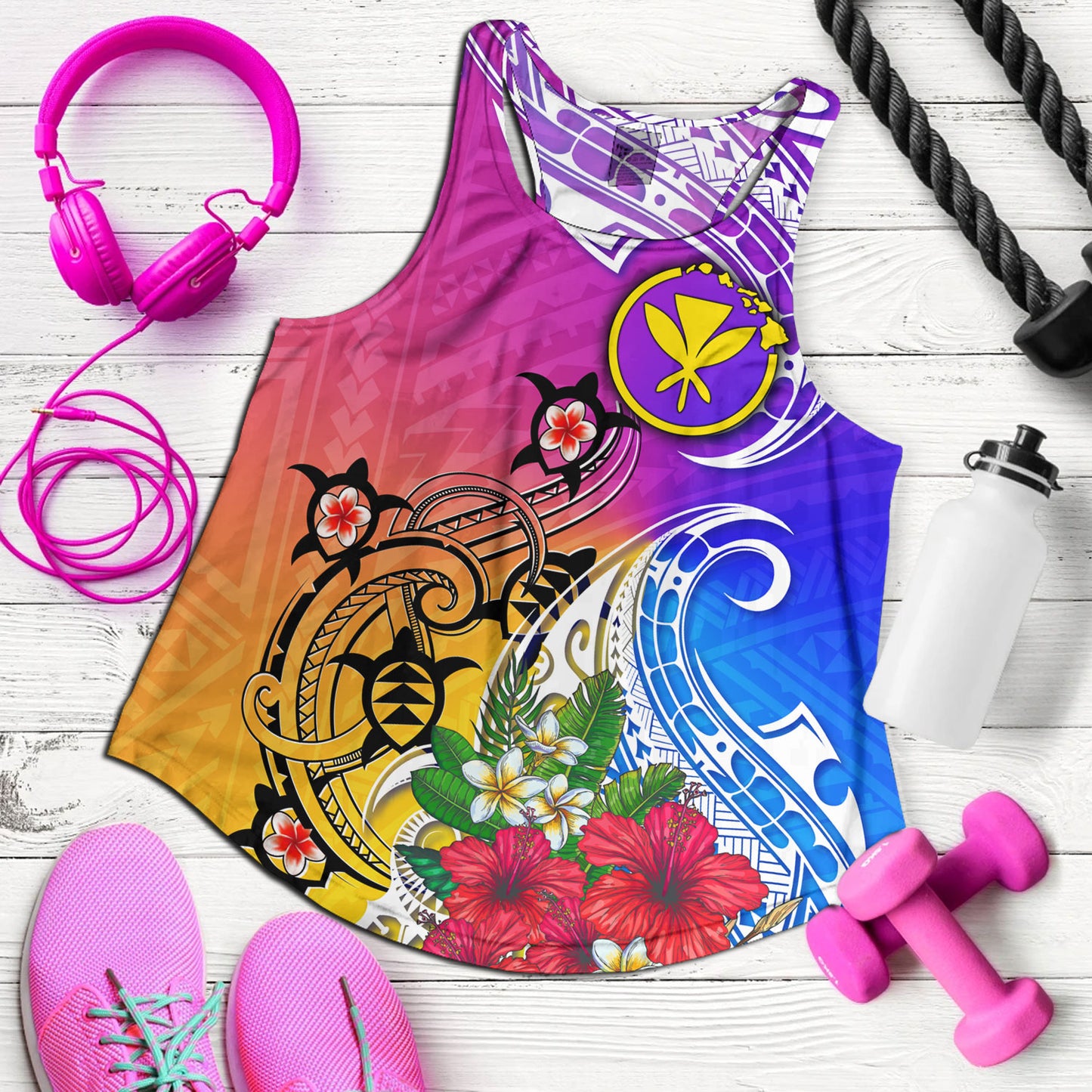 Hawaii Women Tank Turtle Polynesian Tribal Tropical Flowers