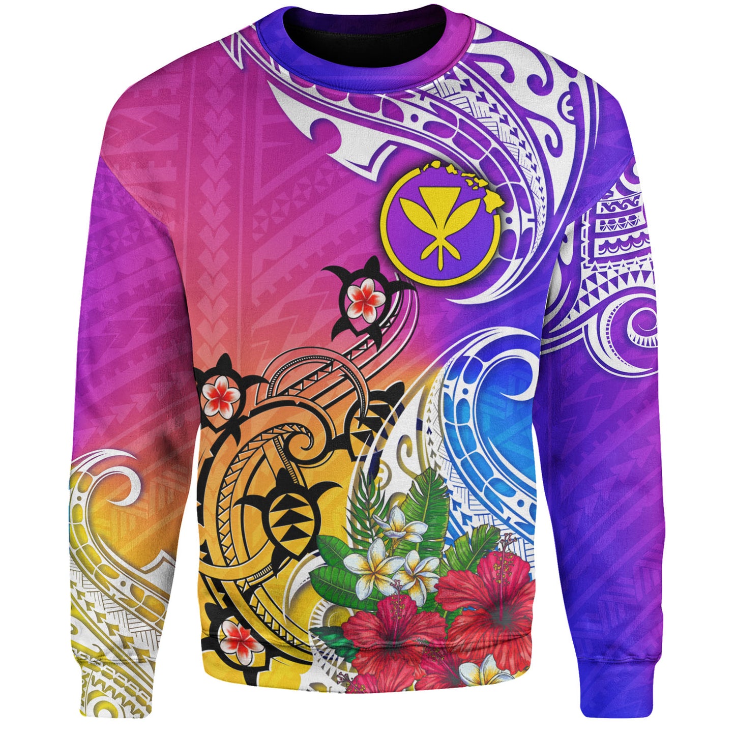 Hawaii Sweatshirt Turtle Polynesian Tribal Tropical Flowers