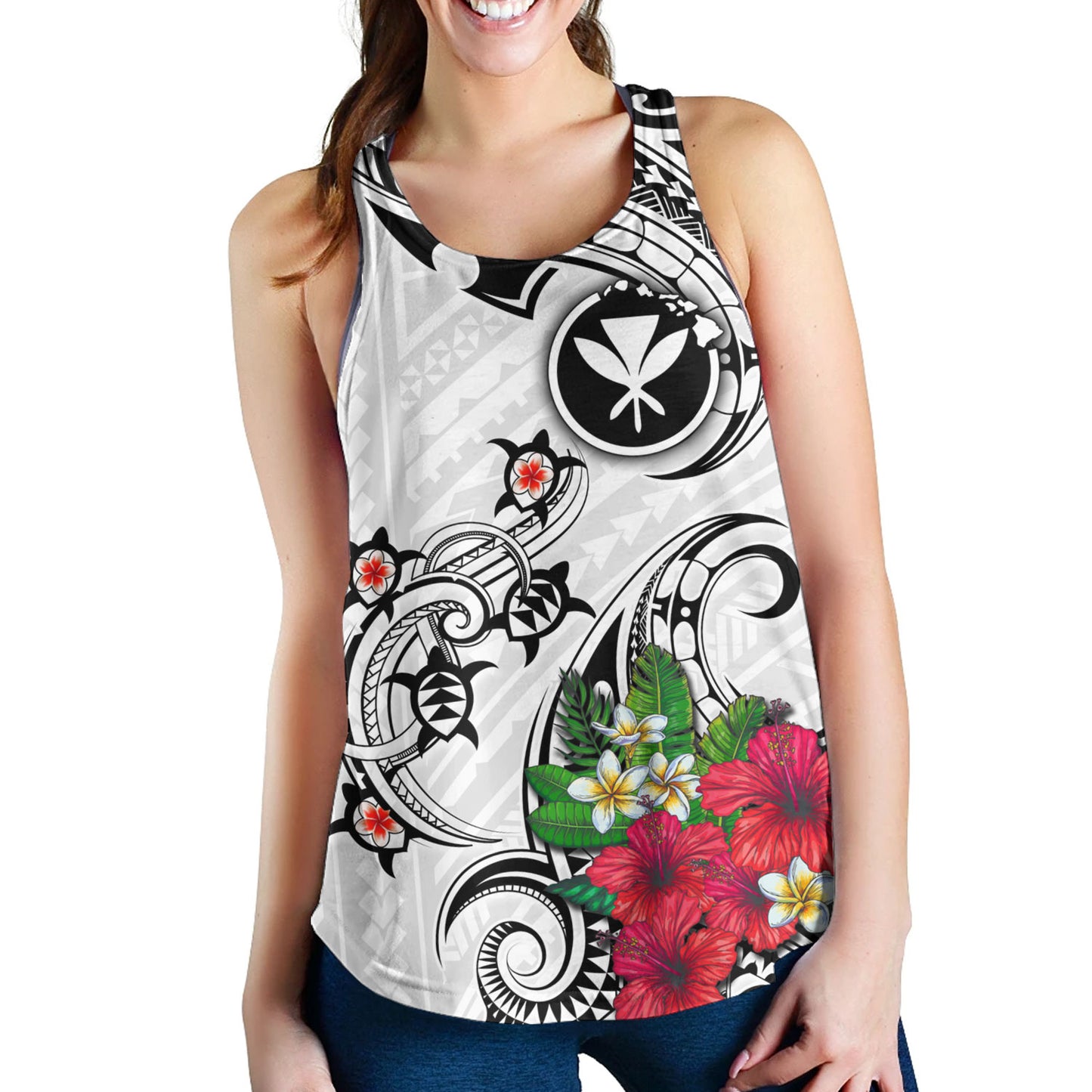 Hawaii Women Tank Turtle Polynesian Tribal Tropical Flowers