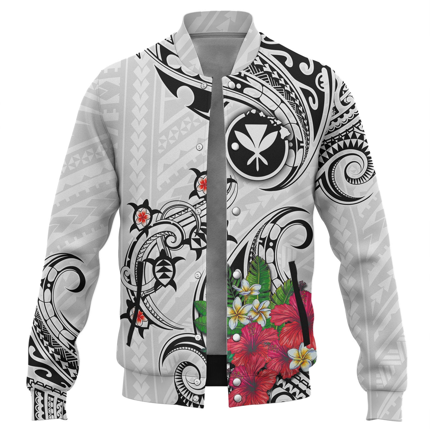 Hawaii Baseball Jacket Turtle Polynesian Tribal Tropical Flowers