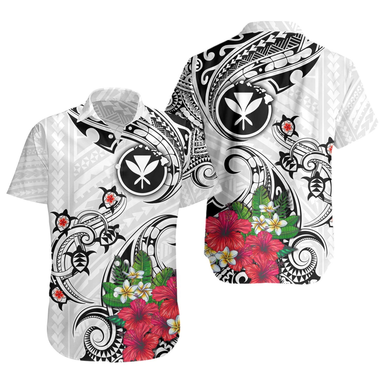 Hawaii Short Sleeve Shirt Turtle Polynesian Tribal Tropical Flowers