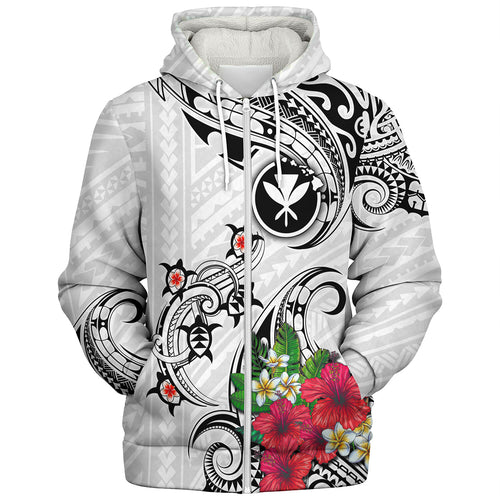 Hawaii Sherpa Hoodie Turtle Polynesian Tribal Tropical Flowers