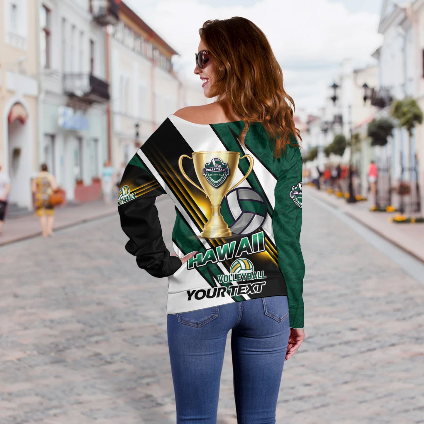 Hawaii Off Shoulder Sweatshirt Custom Volleyball Cup Championship Hawaii Polynesian Patterns